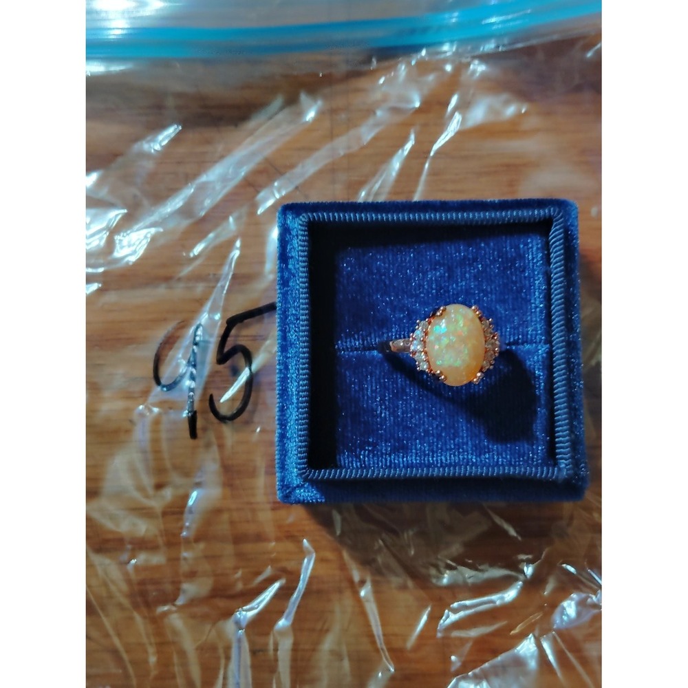925 Oval Fire Opal Cabochon Halo Cocktail Ring Rose Gold Tone Womens Size 9.5